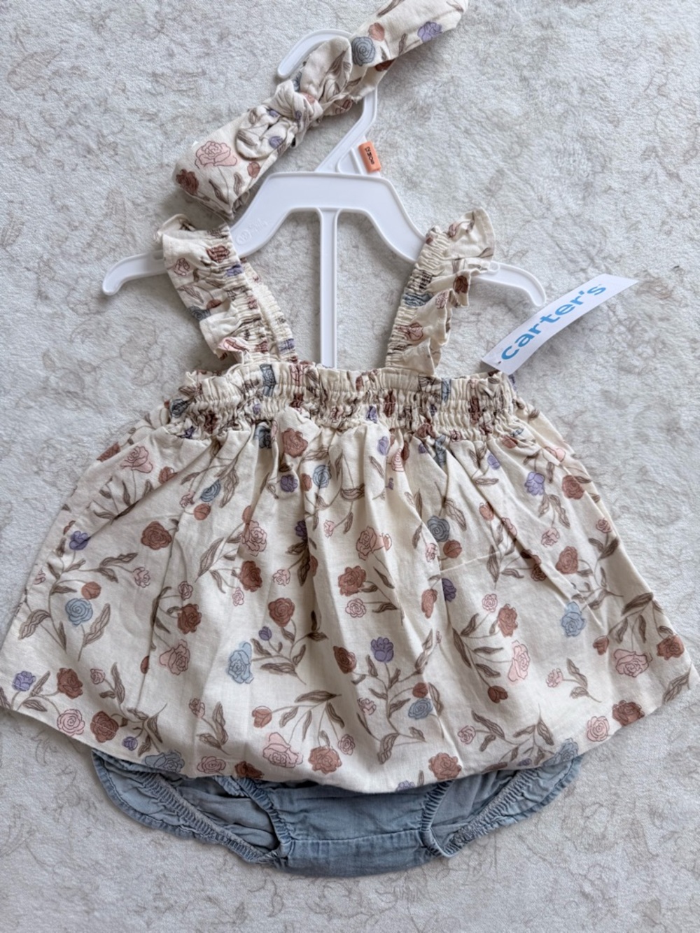Carter's Cream Floral Sundress with Headband - Pink, Blue & Brown Flowers